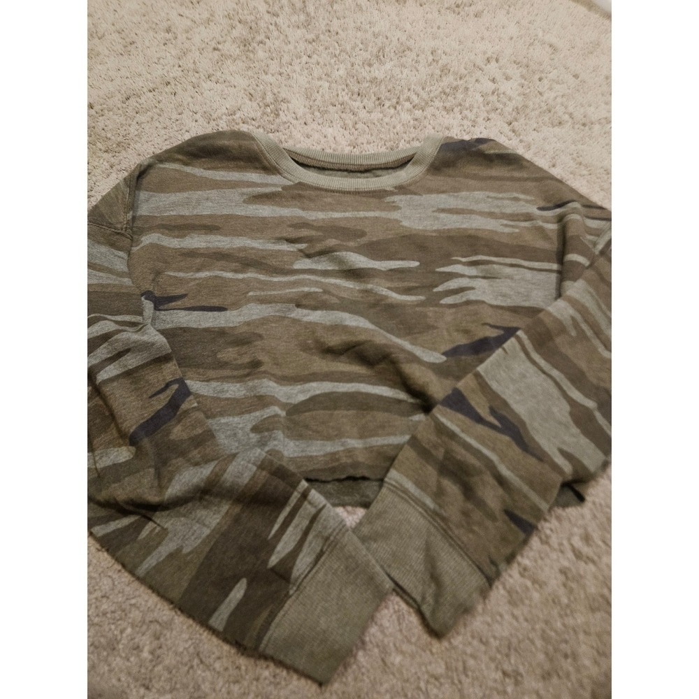 Zoe + Liv Womens Camo Cropped Sweatshirt Green Brown Tiger Stripe Fleece Small